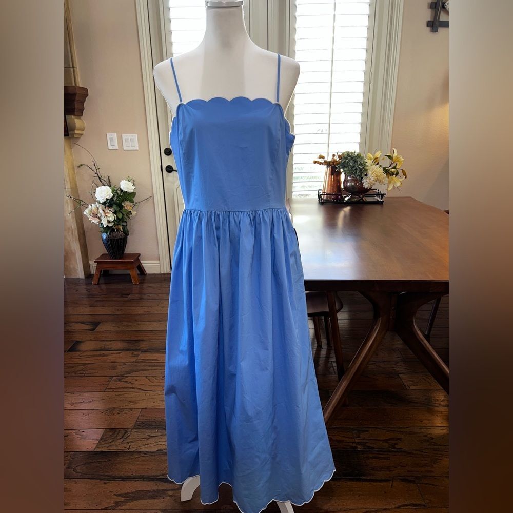 Charles Henry Blue Scallop Trim Poplin Midi Sundress Pockets Fit Flare L NWT - Picture 6 of 14